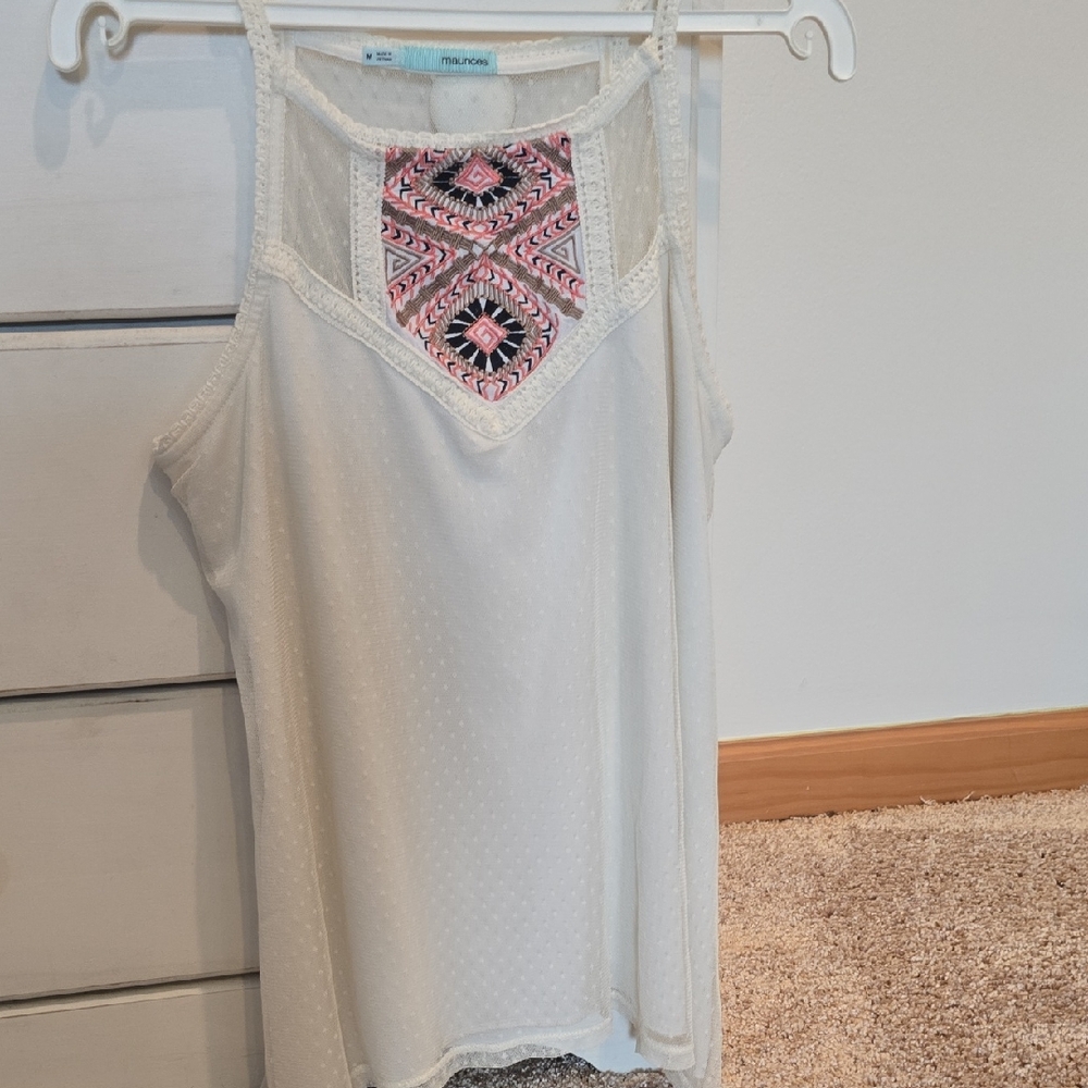 Maurices Cream Tank Top with Pink Embroidery